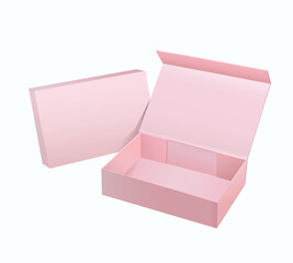 Blank gift box, closed and open box, package mockup, packaging design boxes, brand or showcase, isolated pink box, vector mockup