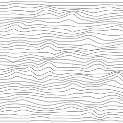 Distorted wave monochrome texture. Abstract dynamical rippled surface. Vector stripe deformation background. Mesh, grid pattern of lines. Black and white illustration.