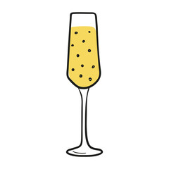 Vector icon of champagne glass with bubbles hand drawn in doodle style. Celebration elements