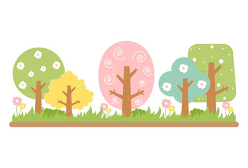 Public park with tree, flower and grass. Spring garden landscape. Vector illustration.