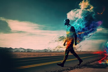 Fototapeta premium illustration of a man, walking on mystery road, idea for self-awareness theme