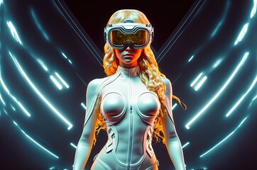 illustration of female cyborg or robot is wearing VR headset with cyber theme background