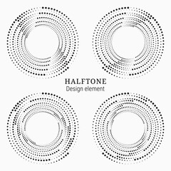 Halftone logo set. Circular dotted logo isolated on the white background. Garment fabric design set. Halftone circle dots texture, pattern, background. Vector design element. Vector illustrations.
