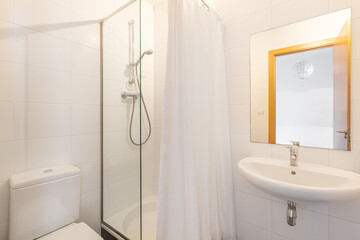 Small simple bright bathroom with shower area enclosed by glass partition and screen. Square mirror above washbasin shows front door to bedroom. There is white toilet against wall.