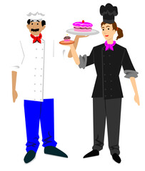 Vector illustration of a man and woman in confectioner costumes. art, drawing, people.