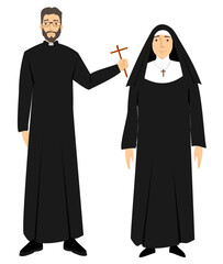 Vector illustration of a priest and a nun, catholic. art, drawing, people. - obrazy, fototapety, plakaty