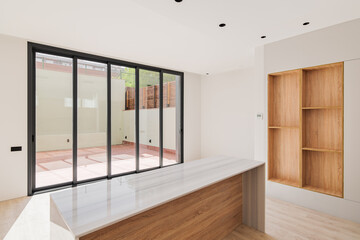 Fototapeta premium Empty interior of refurbished apartment with natural sunlight shining through big windows. Modern kitchen with island and wooden furniture.