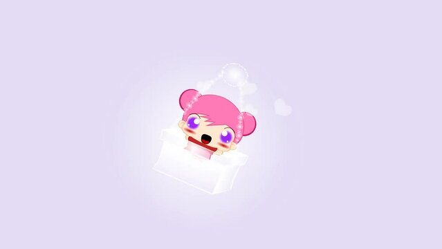 cute cartoon character on gift box, hearts 2d animation 