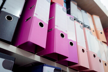 Rows of folders for bookkeeping lie on a shelf