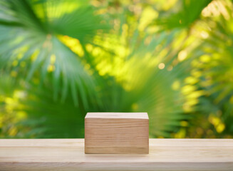 table top wood podium counter in tropical outdoor nature garden forest jungle green plant with golden sunlight background. healthy natural product placement promotion display.spring or summer concept.