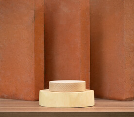 empty beige wood podium on tabletop with brown brick block wall background with space.organic healthy natural cosmetic product present show promotion stand display backdrop design.