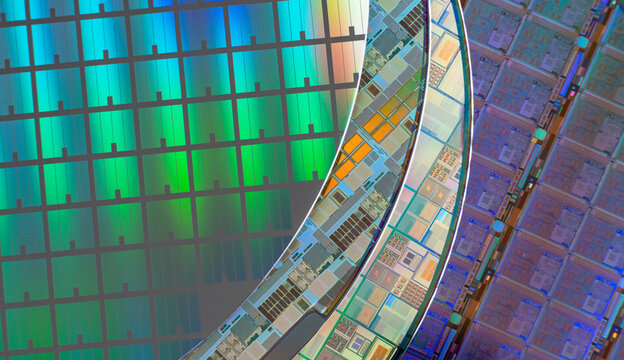 Silicon monocrystalline wafer with microchips manufacturing used in fabrication of electronic integrated circuits.