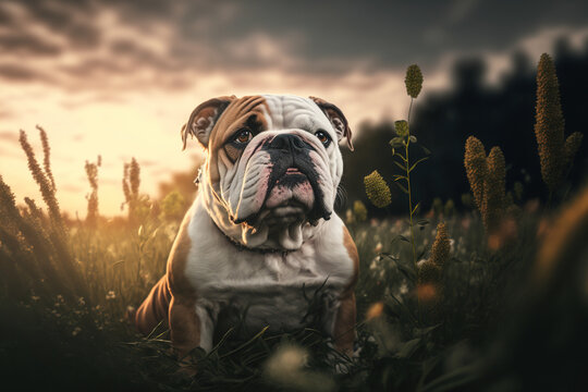 Bulldog Portrait In Nature. Concept Of Animal Life, Care, Health And Pets. AI