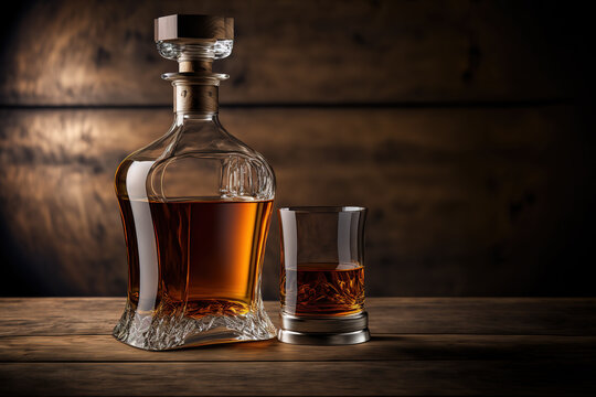 Glass of whiskey and decanter on dark wooden background. AI	