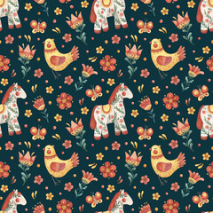 Horses, birds, flowers and butterflies seamless watercolor pattern. Cartoon yellow and red background on dark for fabrics, wrapping paper, design, etc.