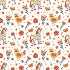 Horses, birds, flowers and butterflies seamless watercolor pattern. Cartoon yellow and red background on white for fabrics, wrapping paper, design, etc.