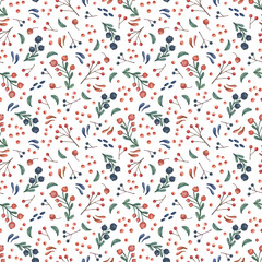 Red and blue berries, leaves and twigs seamless watercolor pattern in vintage style. Stylized cranberry and blueberry plants background on white background for fabrics, wrapping paper, design, etc.