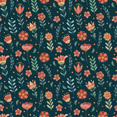 Red flowers, petals, leaves and twigs seamless watercolor pattern in vintage style. Stylized plants background on dark background for fabrics, wrapping paper, design, etc.