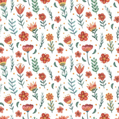 Red flowers, petals, leaves and twigs seamless watercolor pattern in vintage style. Stylized plants background on white background for fabrics, wrapping paper, design, etc.