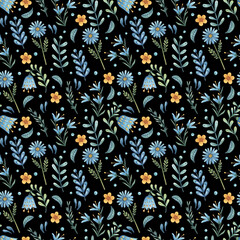 Blue flowers bluebells, daisies, leaves and twigs seamless watercolor pattern in vintage style. Stylized plants background on a dark background.