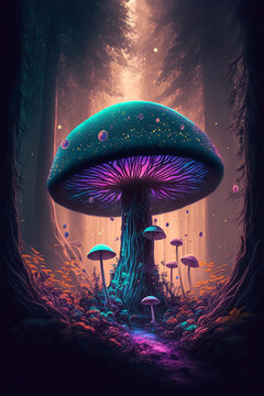 Beautiful big mushroom in magic forest. Generative ai