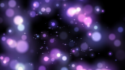 Violet abstract bokeh background sparkling lights effect. Floating blurry balls close up. Grain blurry noise, soft focus. Festive background for advertising, congratulations, text.