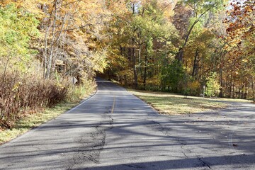 The empty street in the country on a sunny fall day.