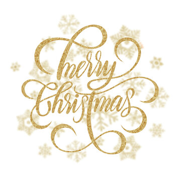 illustration of beautiful lettering merry christmas in sparkling gold color with snowflake blur on the back, suitable for any celebration, template, design, clip art, brochure, promo, card, post, etc