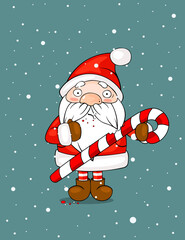 Cute cartoon Santa Claus with cup of hot coffee. Christmas funny character for your design.