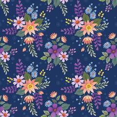 Fototapeta na wymiar Cute colorful flowers on dark blue color seamless pattern. Can be used for fabric textile wallpaper.