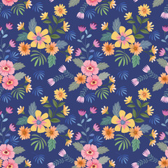Fototapeta na wymiar Cute colorful flowers on dark blue color seamless pattern. Can be used for fabric textile wallpaper.
