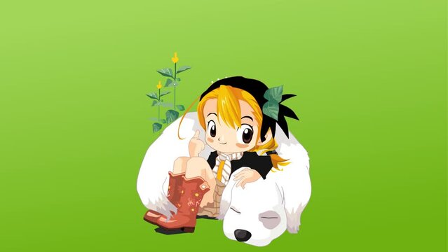 cute cartoon girl and sleeping dog background and 2d background