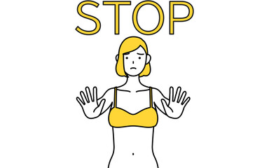 ストップの合図、体の前に手を突き出す下着姿の女性、脱毛やエステサロンのイメージ