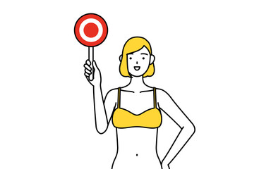 正解を示すマルの棒を持つ下着姿の女性、脱毛やエステサロンのイメージ