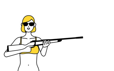 サングラスをかけてライフル銃を持つ下着姿の女性、脱毛やエステサロンのイメージ