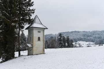 old transformer station in the swiss landscapes