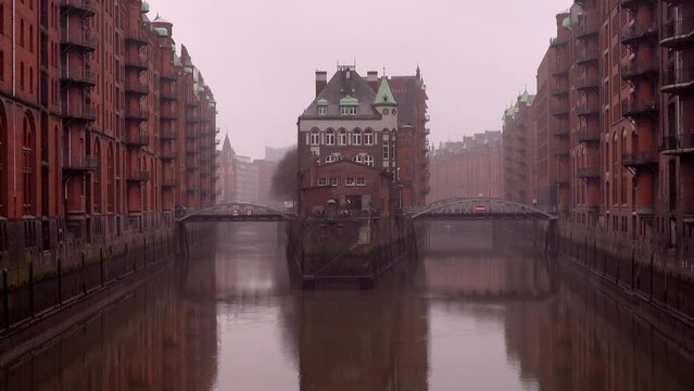 The old warehouse district Speicherstadt in Hamburg, Germany in winter.
