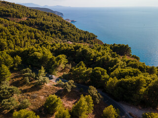 aerial view of car moving by road at Lefkada island