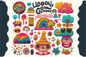 Big set of Retro 70s groovy elements, cute funky hippy stickers. Cartoon daisy flowers, mushrooms, peace sign, lips, rainbow, hippie collection. Positive generative ai isolated symbols .