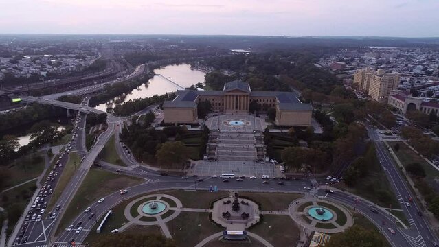 Philadelphia Museum of Art and Rocky Steps. Ericsson Fountain, Eli Kirk Price Fountain, The Oval in Foreground. Pennsylvania.