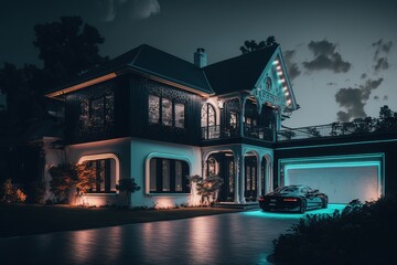 A luxury villa with a sports car at night, generative ai