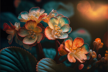 Orange flowers on blurred background. Orange and teal colors. Nature background copy space concept. Begonia flowers