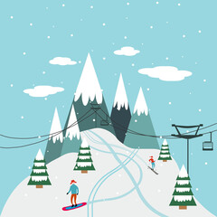Ski resort banner illustration with ski lift and skiers. Sportsmans slide down the slopes. Skiing in the mountains. Vector illustration.
