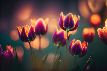 Beautiful tulip purple flowers Vibrant vivid colors Light leaks Bokeh Copy space. Nature background concept. Purple background
