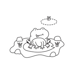 hand drawn vector illustration of cute frog stand still waiting to eat a bug