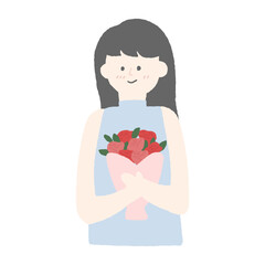 Hand drawn illustration of a woman holding a bouquet.