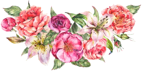 Fotobehang Tropische Bladeren Watercolor botanical rose flowers transparent png  © depiano
