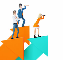 Happy businessman watch with telescopes. Business opportunity, new start ups concept 3D rendering illustration 