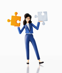 Young woman with puzzle piece. Happy office workers, 3D rendering illustration 