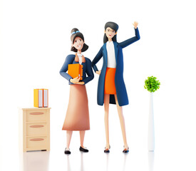 Two young woman smiling and waving in order to say Hello. Happy office workers, 3D rendering illustration